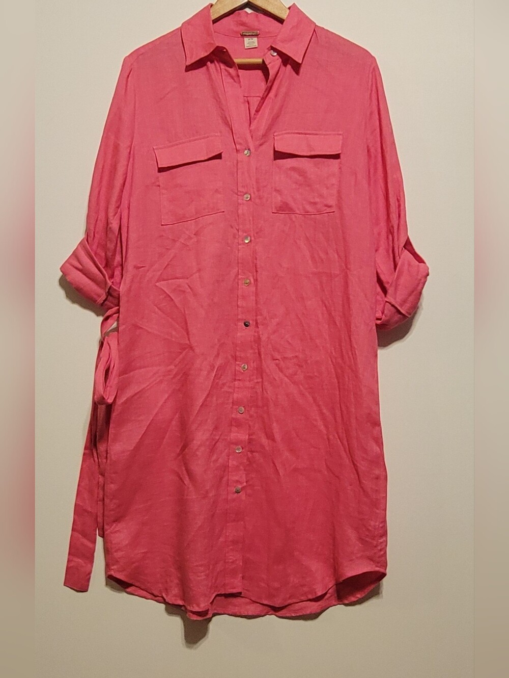 Magaschoni Linen 100% Pink Long Sleeve Button-Down Shirt Women Dress Size M